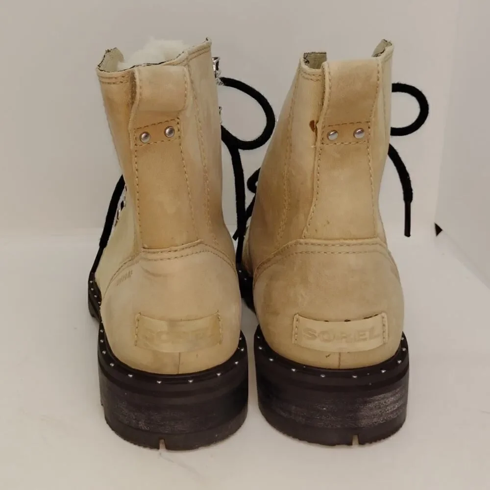 Sorel Lenox Womens Pre-owned Beige & Black Lace Up Combat Boots - sz. 8 1/2